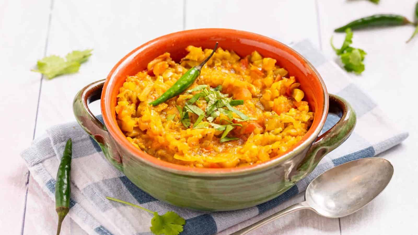 An image of baingan bharta in a serving bowl, ready to be served.