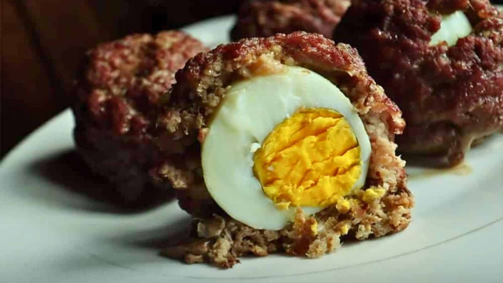 Keto scotch eggs with ground beef one cut in half.