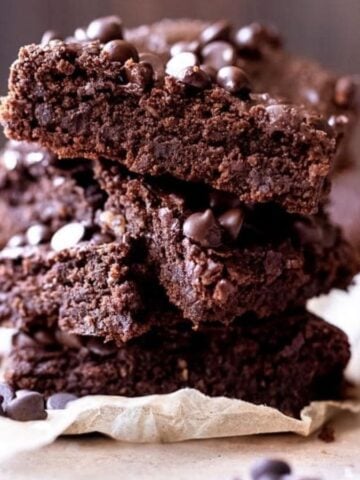 Black bean brownies on a counter with chocolate chips.