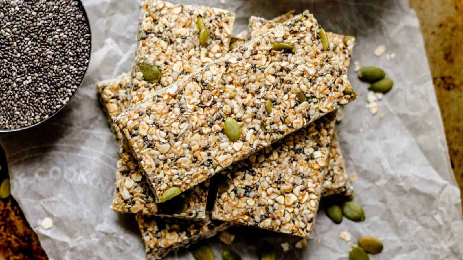 An overhead image of a stack of vegan granola bars.