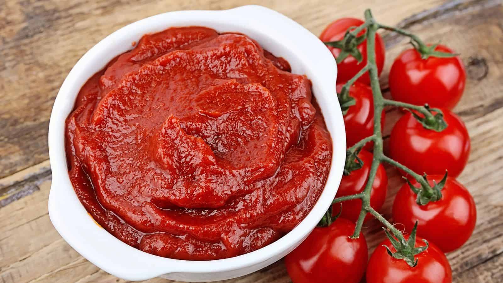 Tomato paste with ripe tomatoes on wooden table.