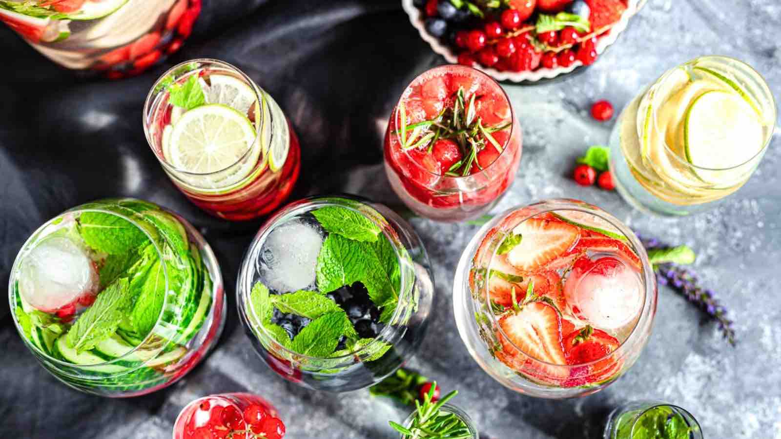 Assorted fruit-infused beverages with fresh mint, berries, and citrus slices, served in clear glasses on a dark, textured surface.