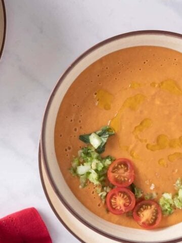 An overhead image of two gazpacho dish in a white bowl.