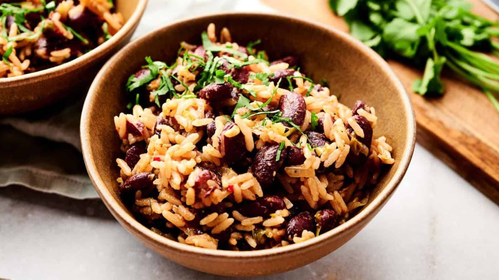 Close-up of jamaican red beans and rice in a bowl.