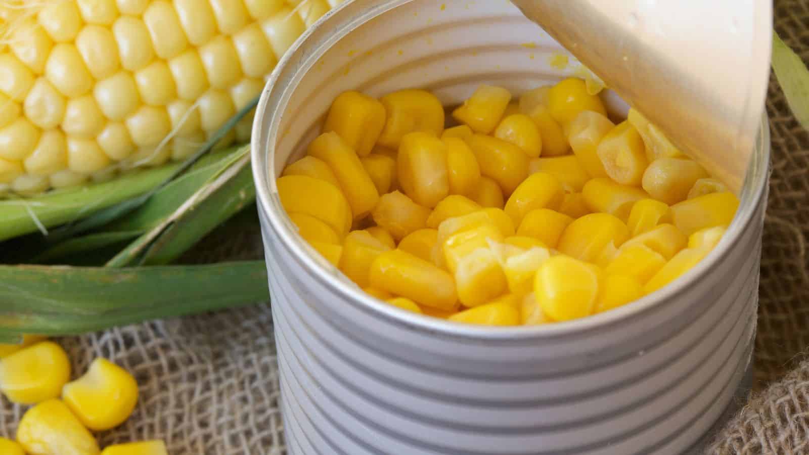 Close-up of an opened canned corn.