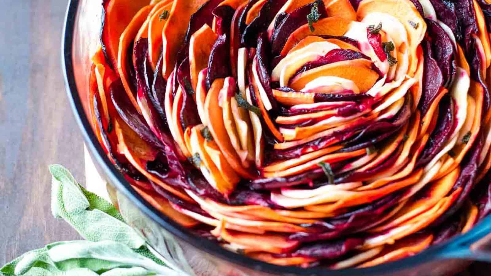 A dish of beets, sweet potatoes, and parsnips roasted in the oven with sprigs of sage.