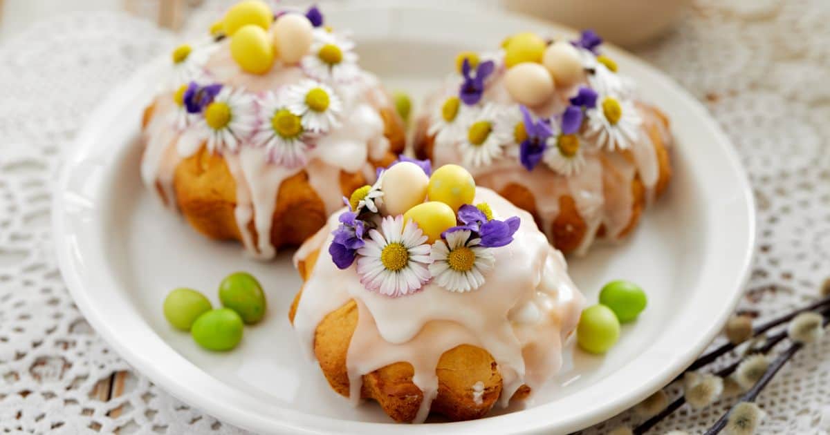 Close up of Easter cakes with edible flowers