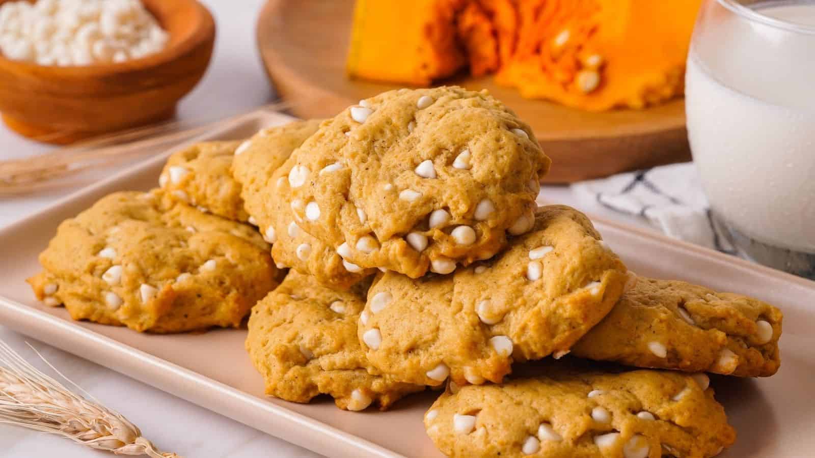 A plate of pumpkin cookies with white chocolate chips is displayed on a table.