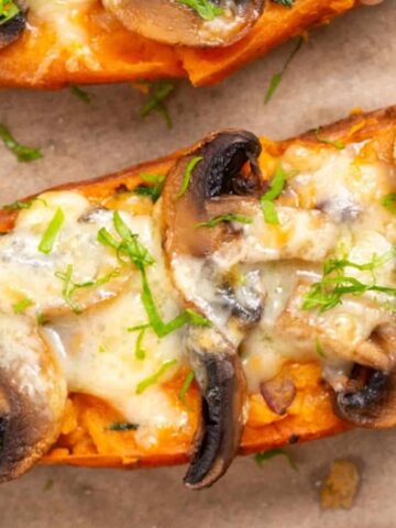 A horizontal image of baked sweet potato skins.