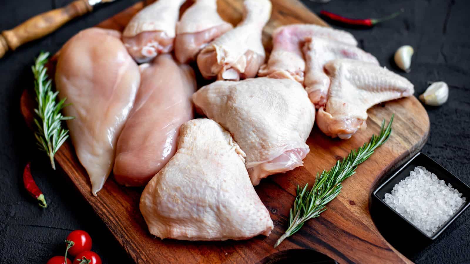 Set of raw chicken fillets, thighs, wings, and legs on wooden board.