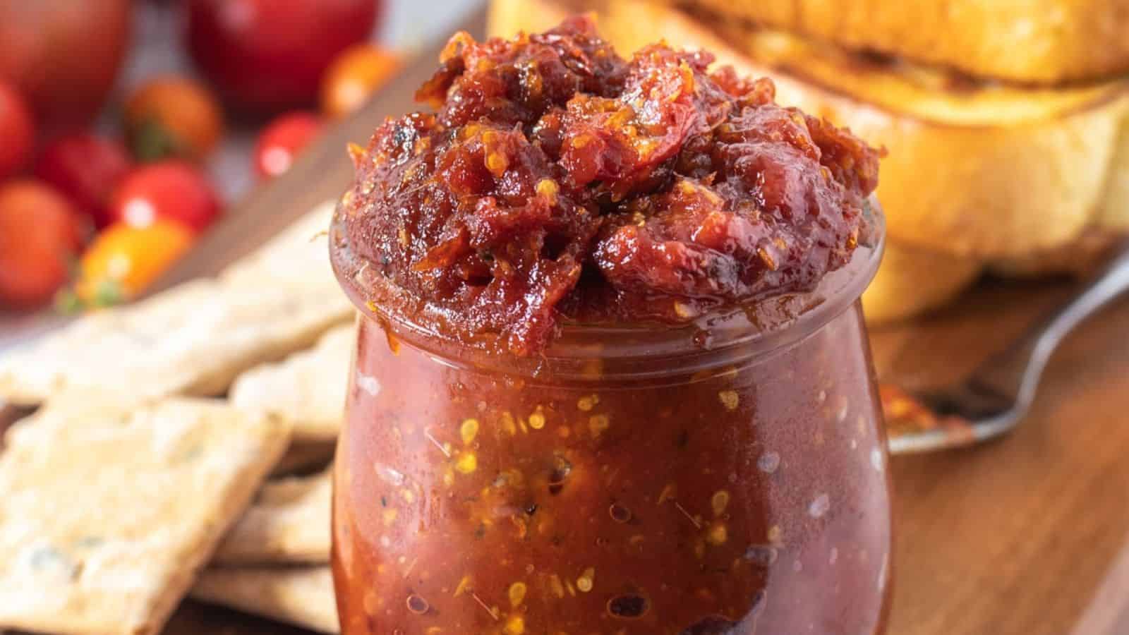 A close up image of  a glass jar filled with tomato miso jam sits on a wooden board.