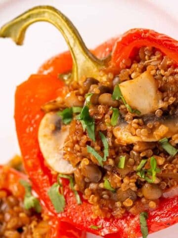 A photo showing vegan stuffed peppers arranged on a white plate, set atop a brown cloth, with a fork and knife placed beside.