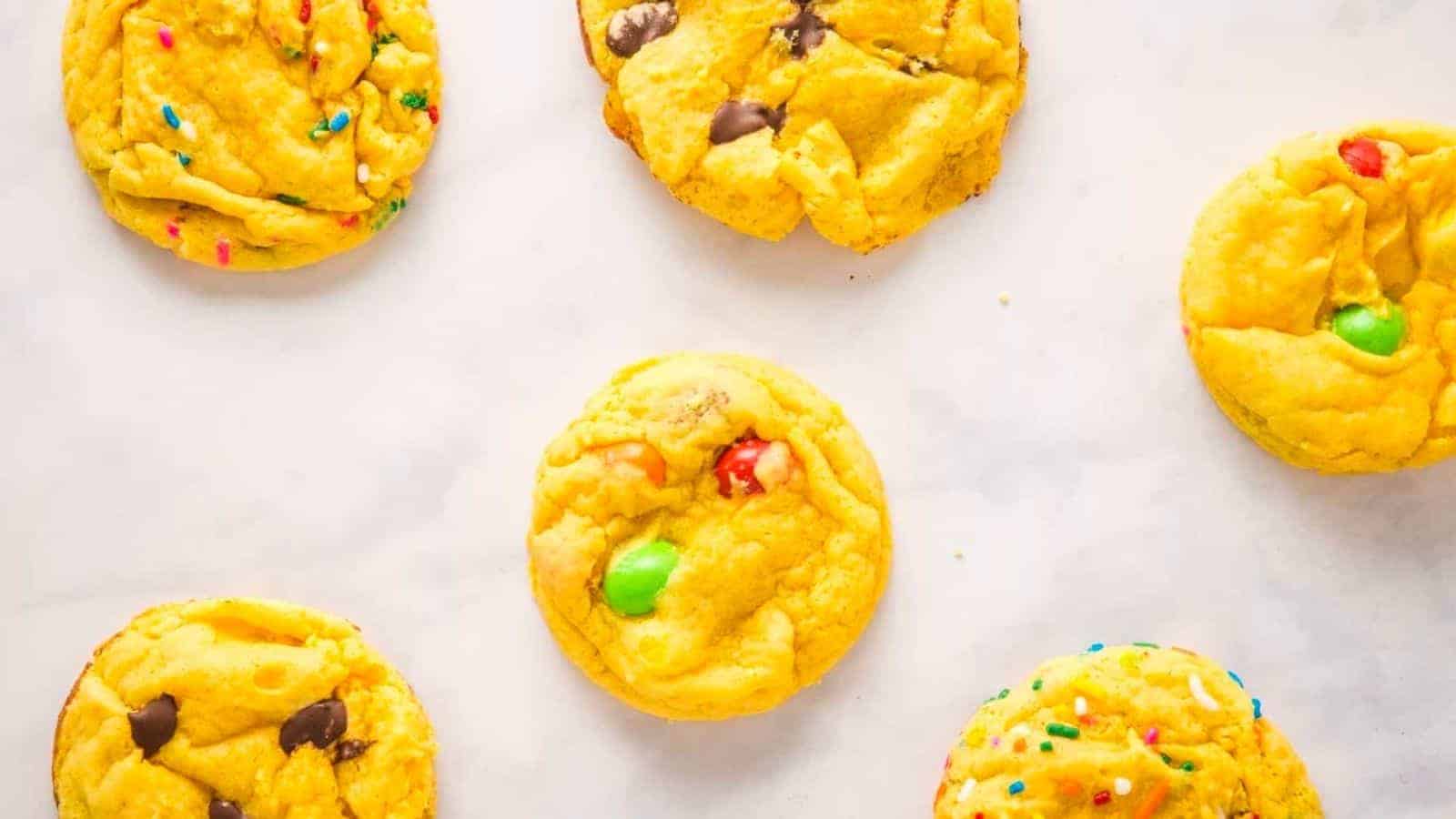 Overhead view of yellow cake mix cookies after baking.