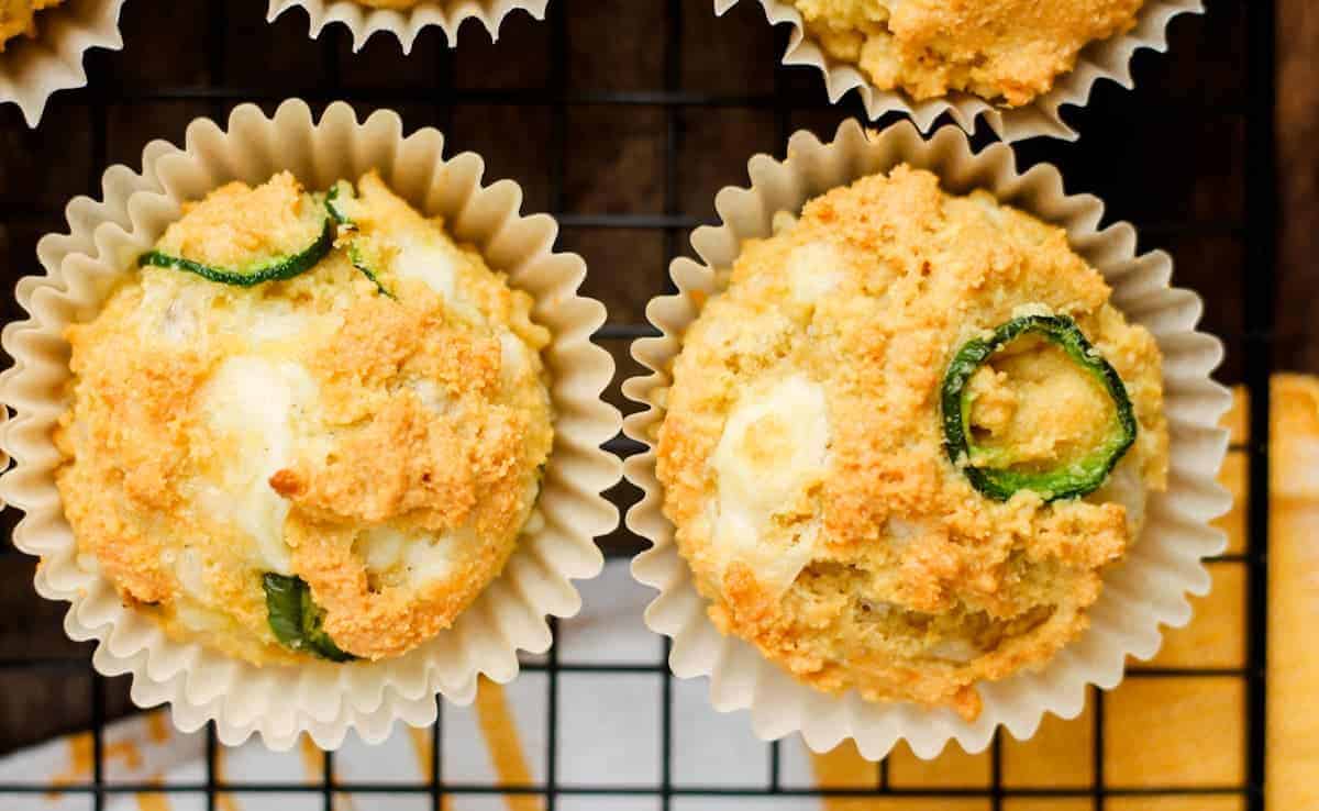 An overhead image of freshly baked jalapeno muffins in a pan.