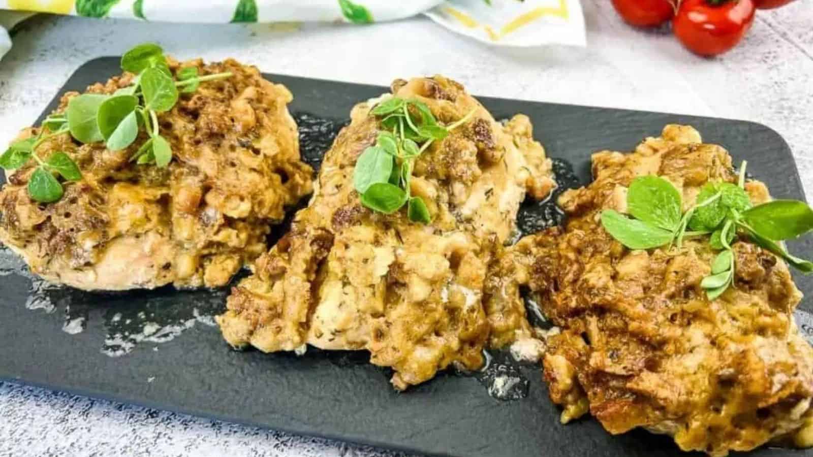 Close-up image of slow cooker chicken in a black plate.