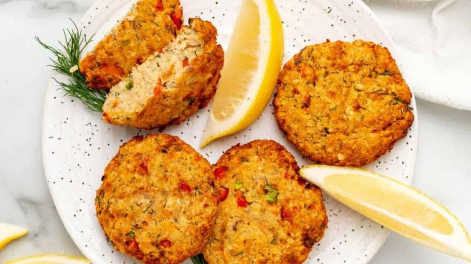 Overhead image of air fryer salmon patties in a plate.