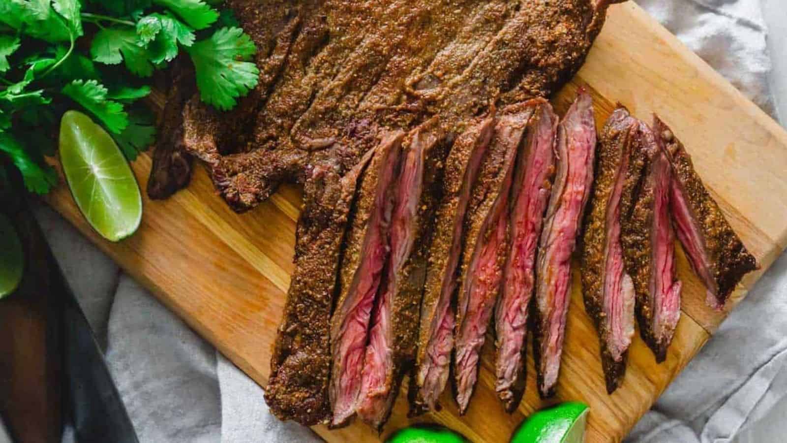 Air fryer skirt steak sliced on a cutting board.