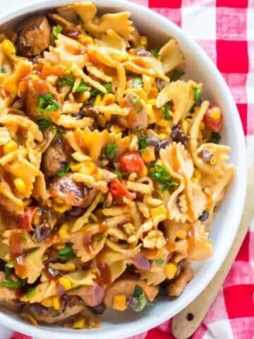 A bowl of BBQ Pasta Salad.