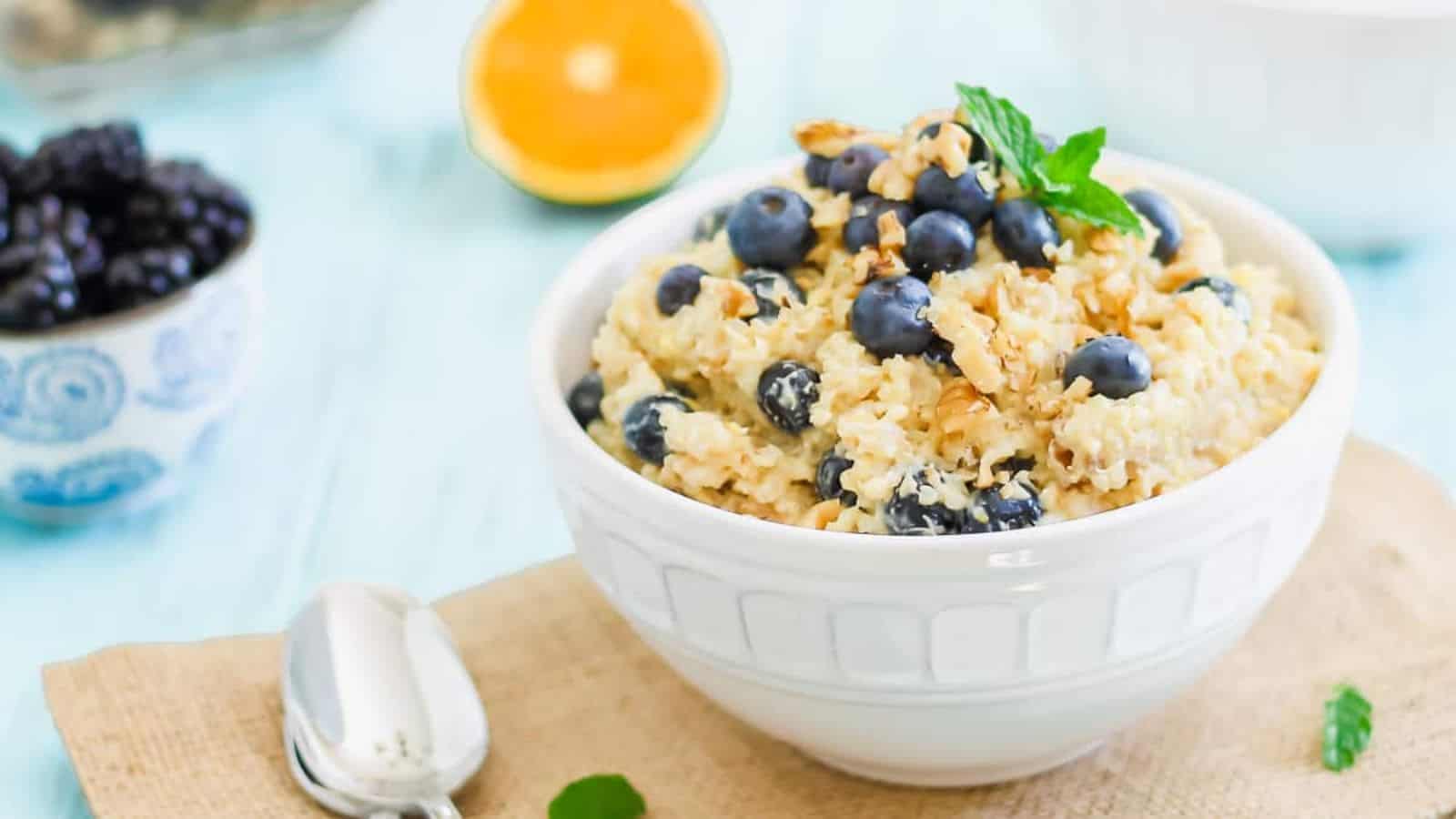 A bowl of berry breakfast grain.