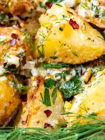 A close-up of the best roasted potato salad.