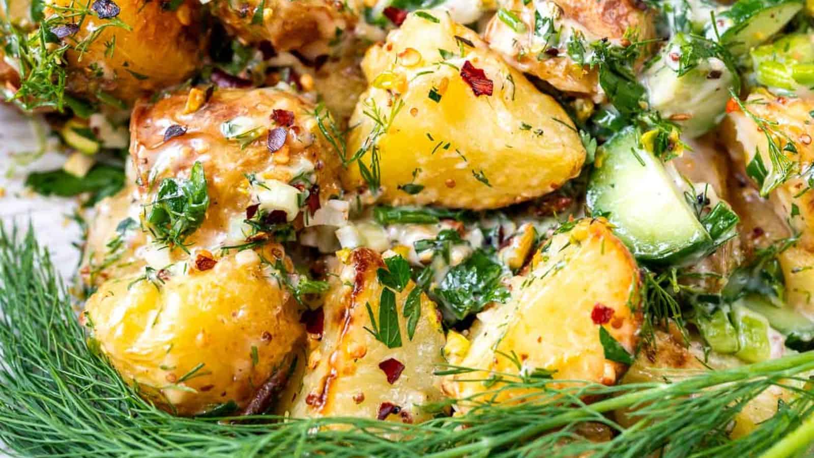 A close-up of the best roasted potato salad.