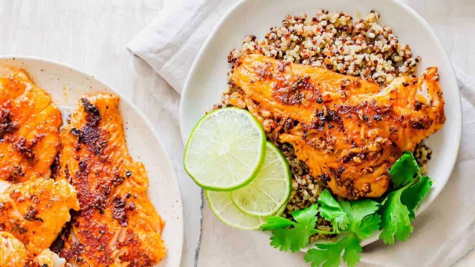 Blackened cod served with tri color quinoa.