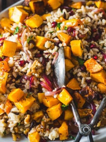 Side view of wild rice pilaf with pomegranate and butternut squash.