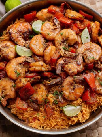Shrimp and rice in a skillet.