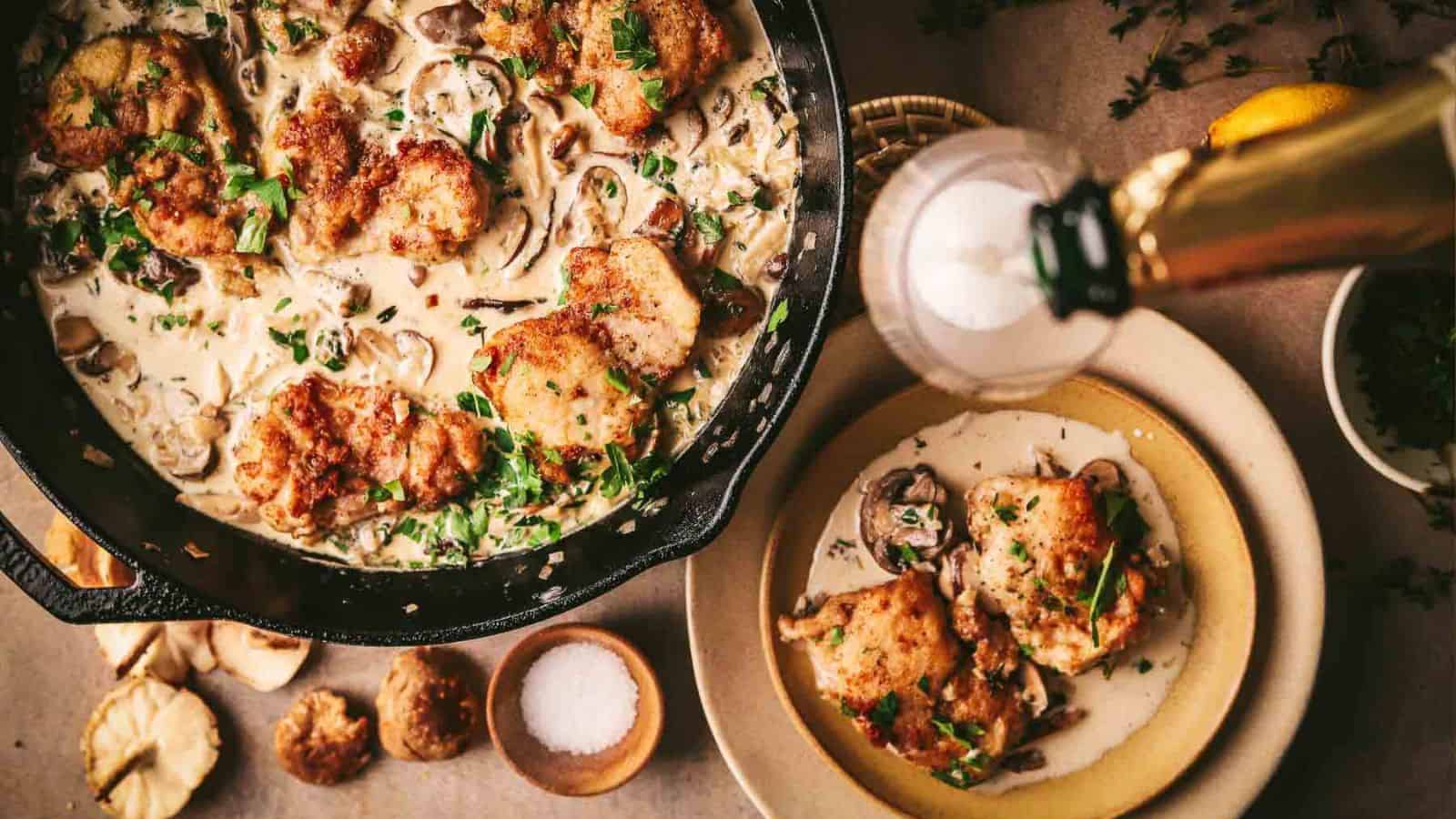 An image of champagne chicken on a pan and a plate.