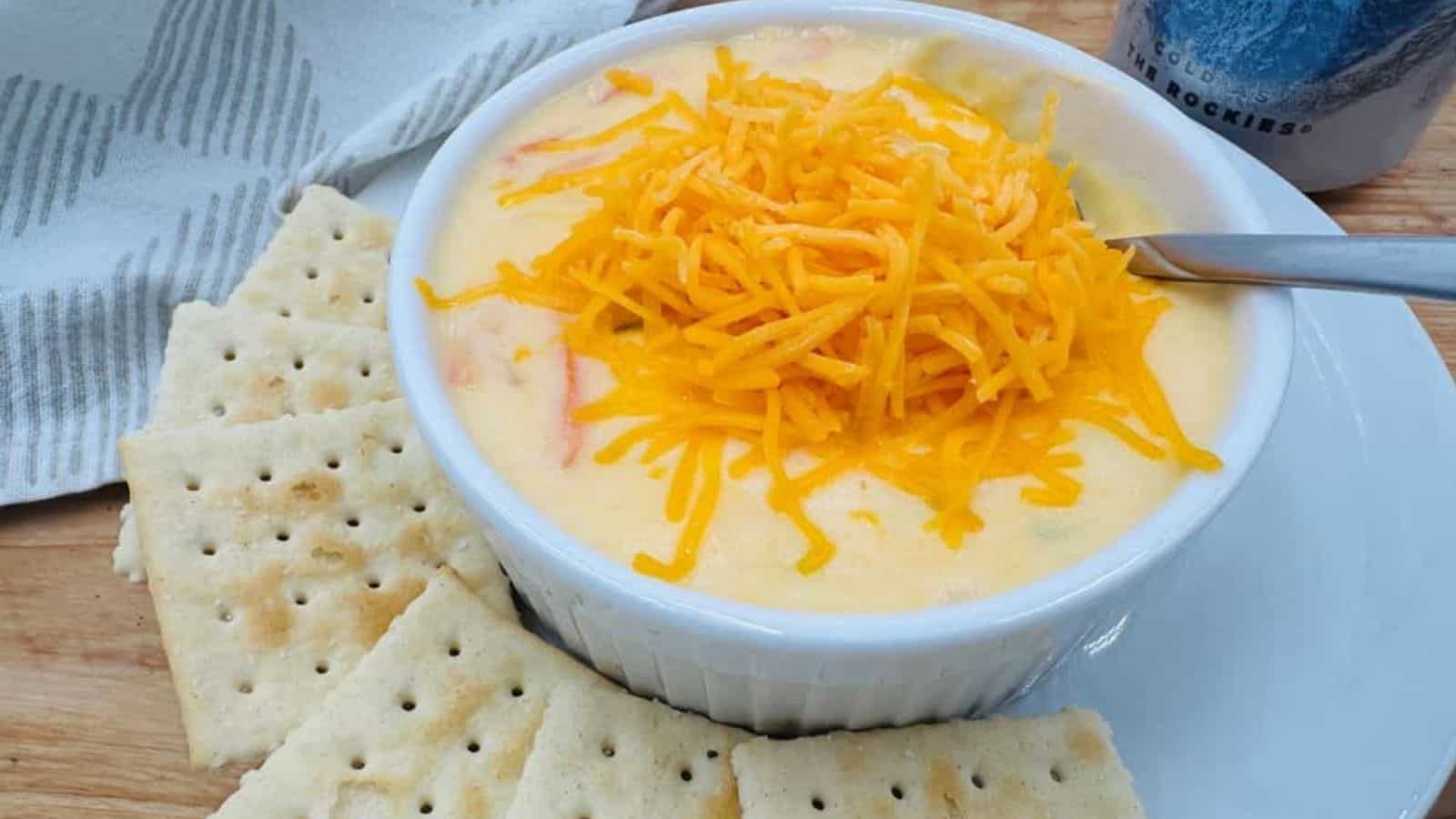 A bowl of cheese soup with crackers on a plate.