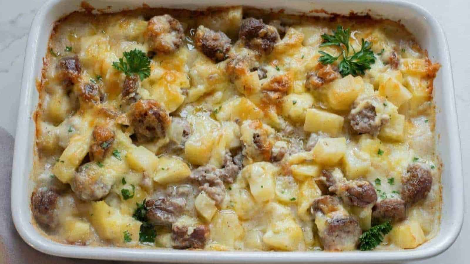 Baked cheese potato and smoked sausage casserole.