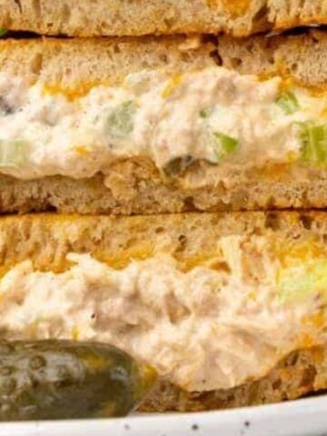 A stack of air fryer tuna melt on a plate.