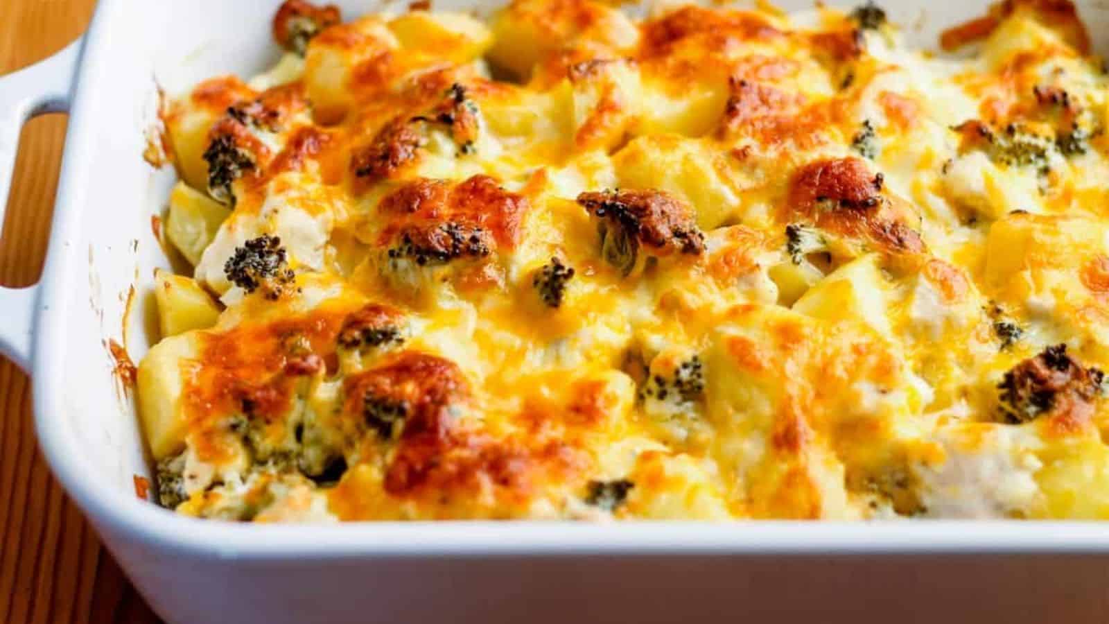 A chicken broccoli potato casserole in a baking dish.