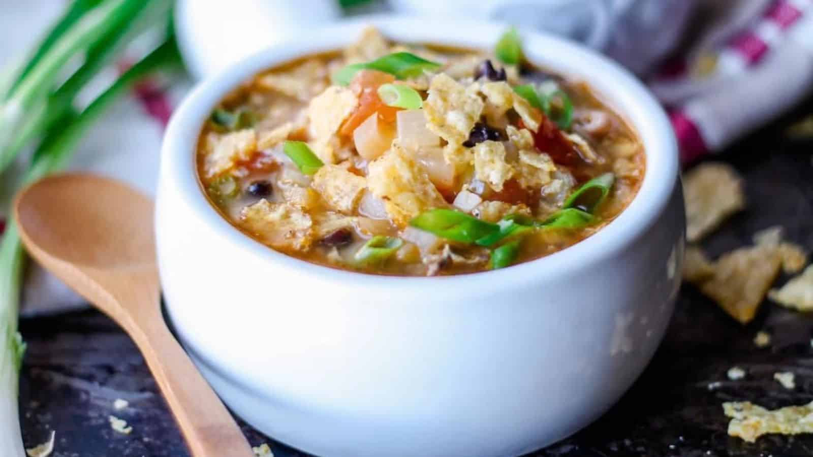 A bowl of chicken tortilla soup.