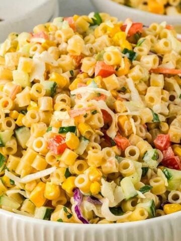 Close-up image of coleslow pasta salad in a big bowl.