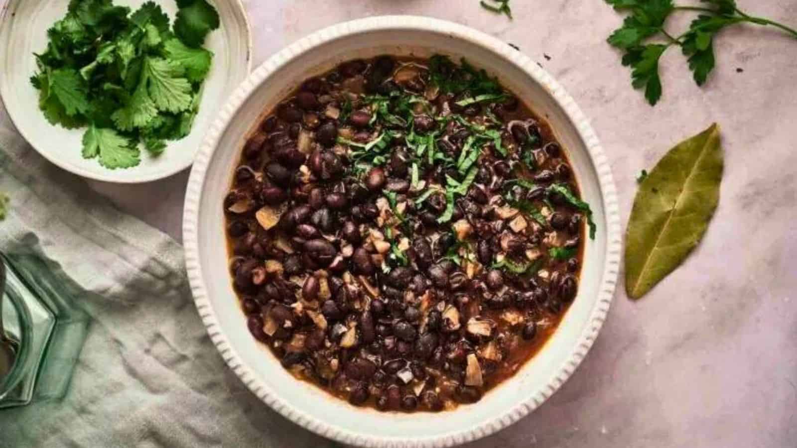 Chipotle black beans cooked and in a serving bowl.