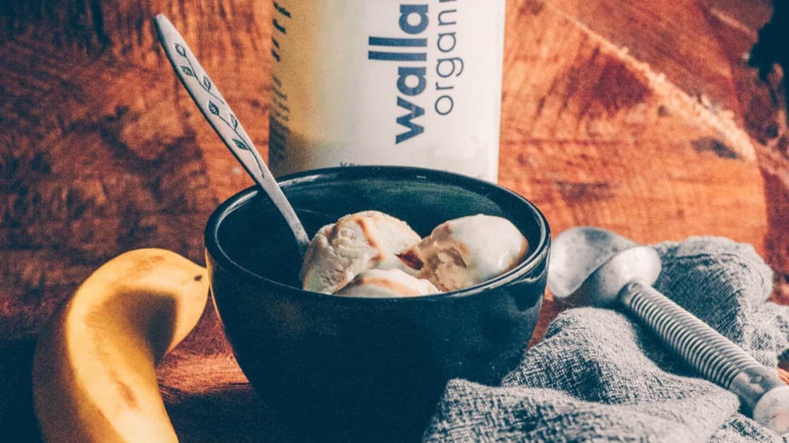 A bowl of creamy banana tahini kefir ice cream.