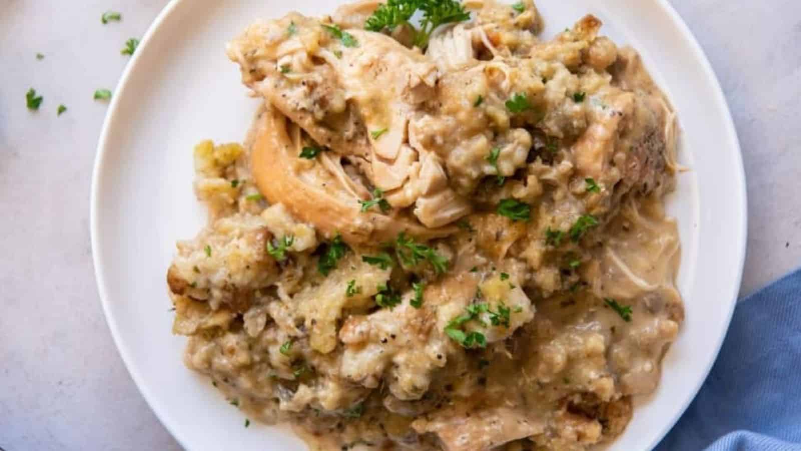 Top view of crock pot chicken and stuffing in a white plate.