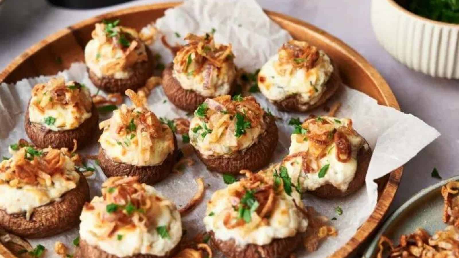 Close-up image of air fryer stuffed mushrooms.