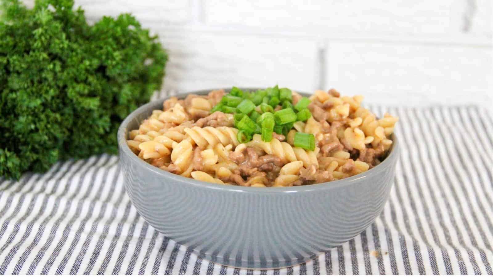 Easy cheesy hamburger casserole in bowl with onion garnish.