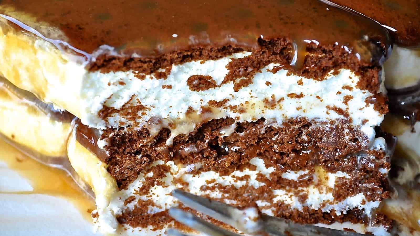 A close-up of an easy make ahead ice cream sandwich cake.