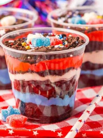 Three easy red, white, and blue dirt cups.