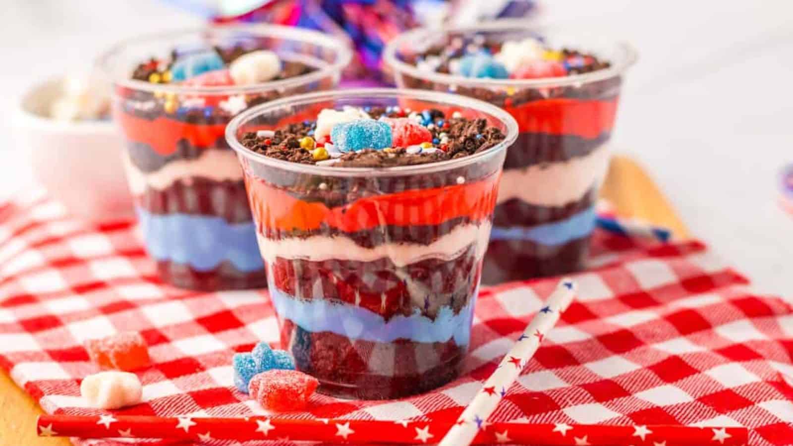 Three easy red, white, and blue dirt cups.