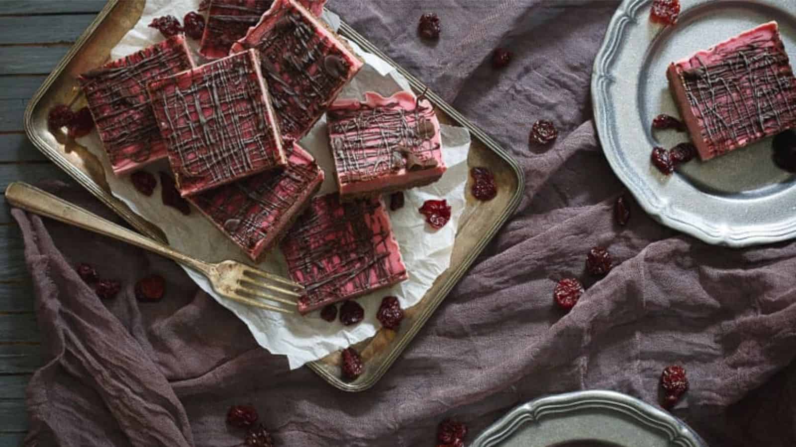 An image of frozen chocolate cherry bars.