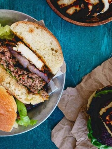 An image of a grilled halloumi lamb burger.