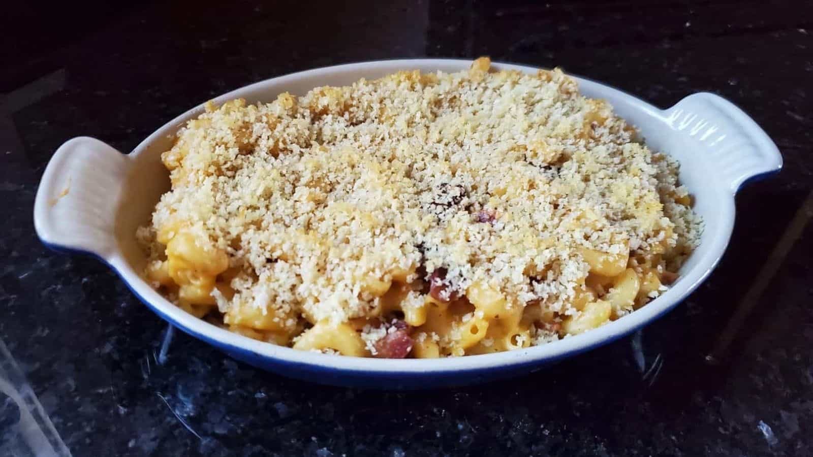 Grown up mac and cheese in a casserole dish.