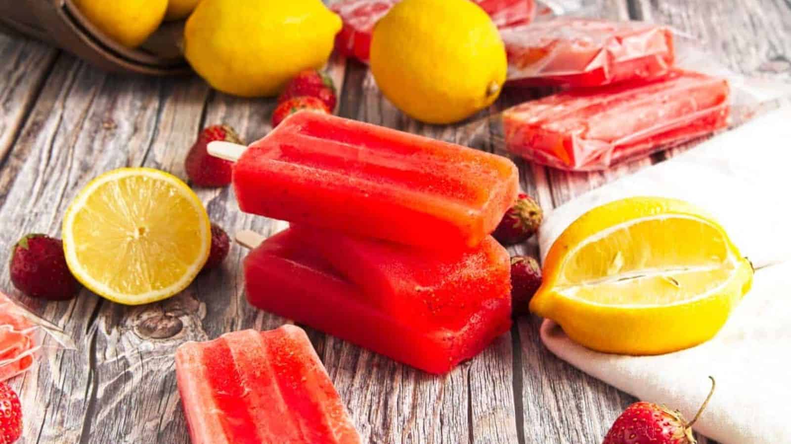 Homemade strawberry lemon popsicles with fresh lemons and strawberries.