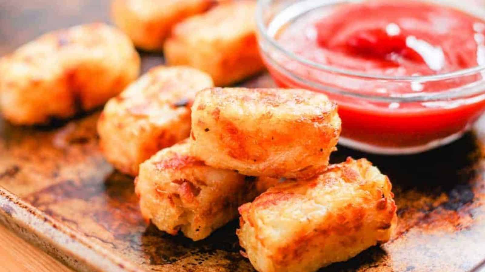 Homemade tater tots on a baking sheet.