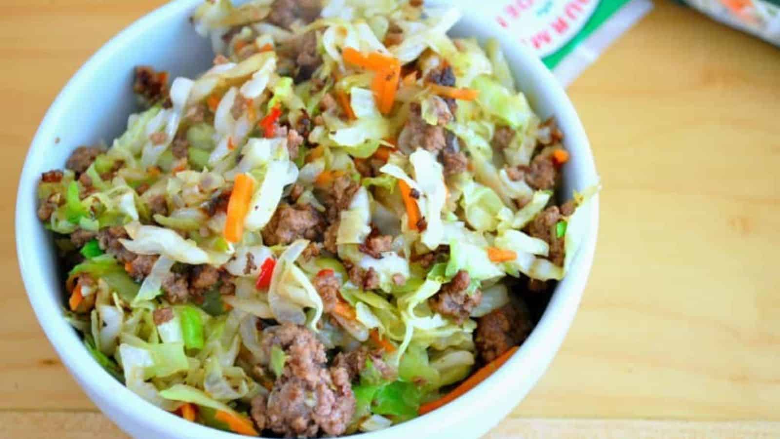 An image of hot egg roll salad in a bowl.