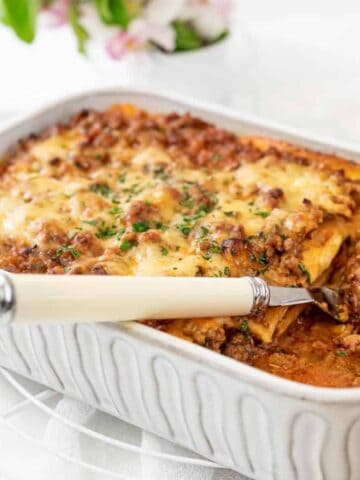 Lasagna inside casserole.
